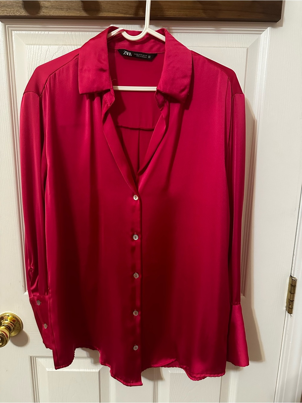 Zara Satin Button-Down Shirt in Fuchsia